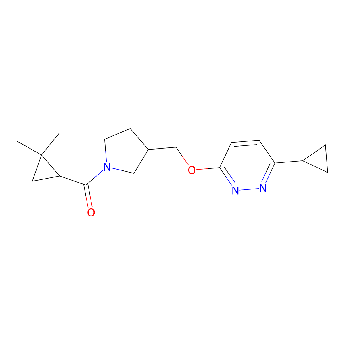 3-Cyclopropyl-6-{[1-(2,2-dimethylcyclopropanecarbonyl)pyrrolidin-3-yl]methoxy}pyridazine molecular structure, CAS 2549022-96-8