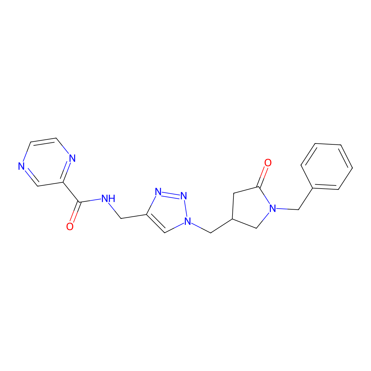 N-({1-[(1-benzyl-5-oxopyrrolidin-3-yl)methyl]-1H-1,2,3-triazol-4-yl}methyl)pyrazine-2-carboxamide molecular structure, CAS 2549023-08-5