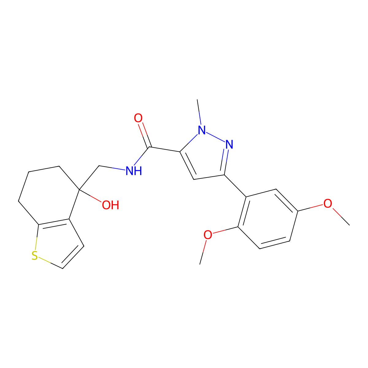 3-(2,5-dimethoxyphenyl)-N-[(4-hydroxy-4,5,6,7-tetrahydro-1-benzothiophen-4-yl)methyl]-1-methyl-1H-pyrazole-5-carboxamide molecular structure, CAS 2549023-14-3