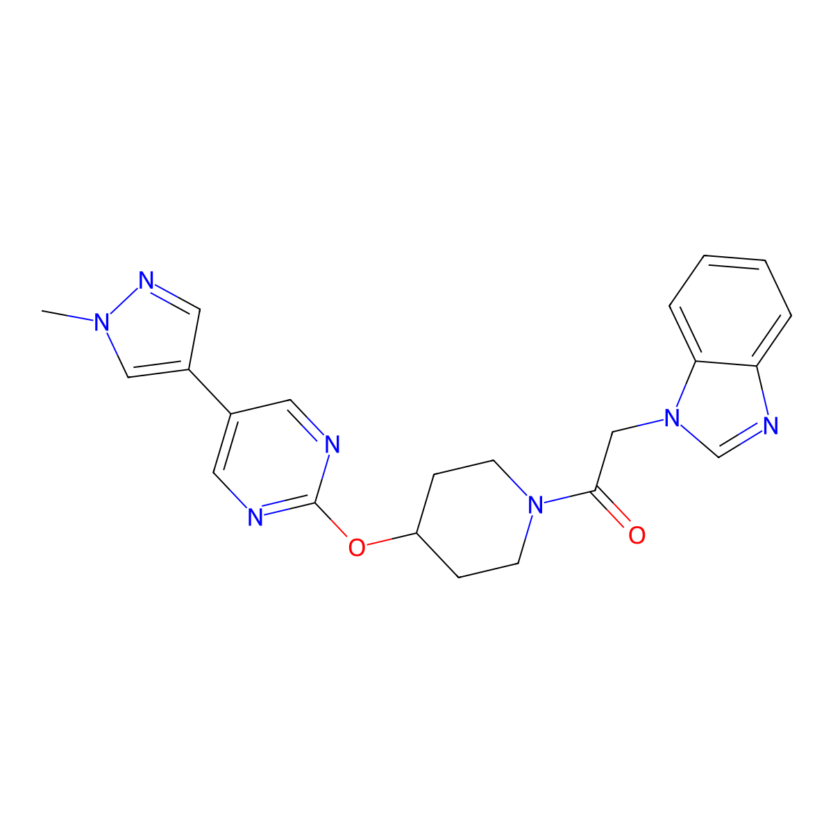 2-(1H-1,3-benzodiazol-1-yl)-1-(4-{[5-(1-methyl-1H-pyrazol-4-yl)pyrimidin-2-yl]oxy}piperidin-1-yl)ethan-1-one molecular structure, CAS 2549023-15-4