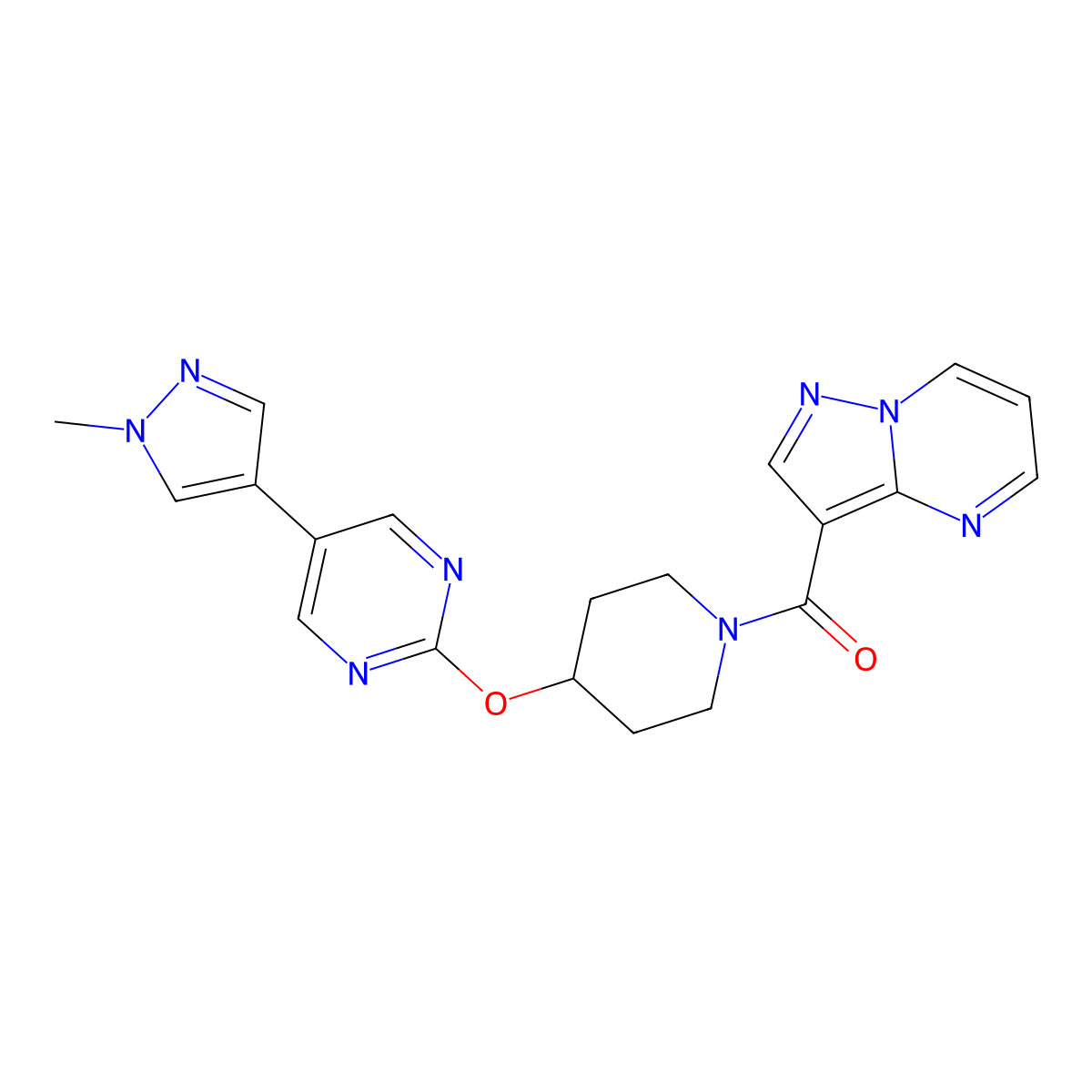 5-(1-methyl-1H-pyrazol-4-yl)-2-[(1-{pyrazolo[1,5-a]pyrimidine-3-carbonyl}piperidin-4-yl)oxy]pyrimidine molecular structure, CAS 2549023-18-7