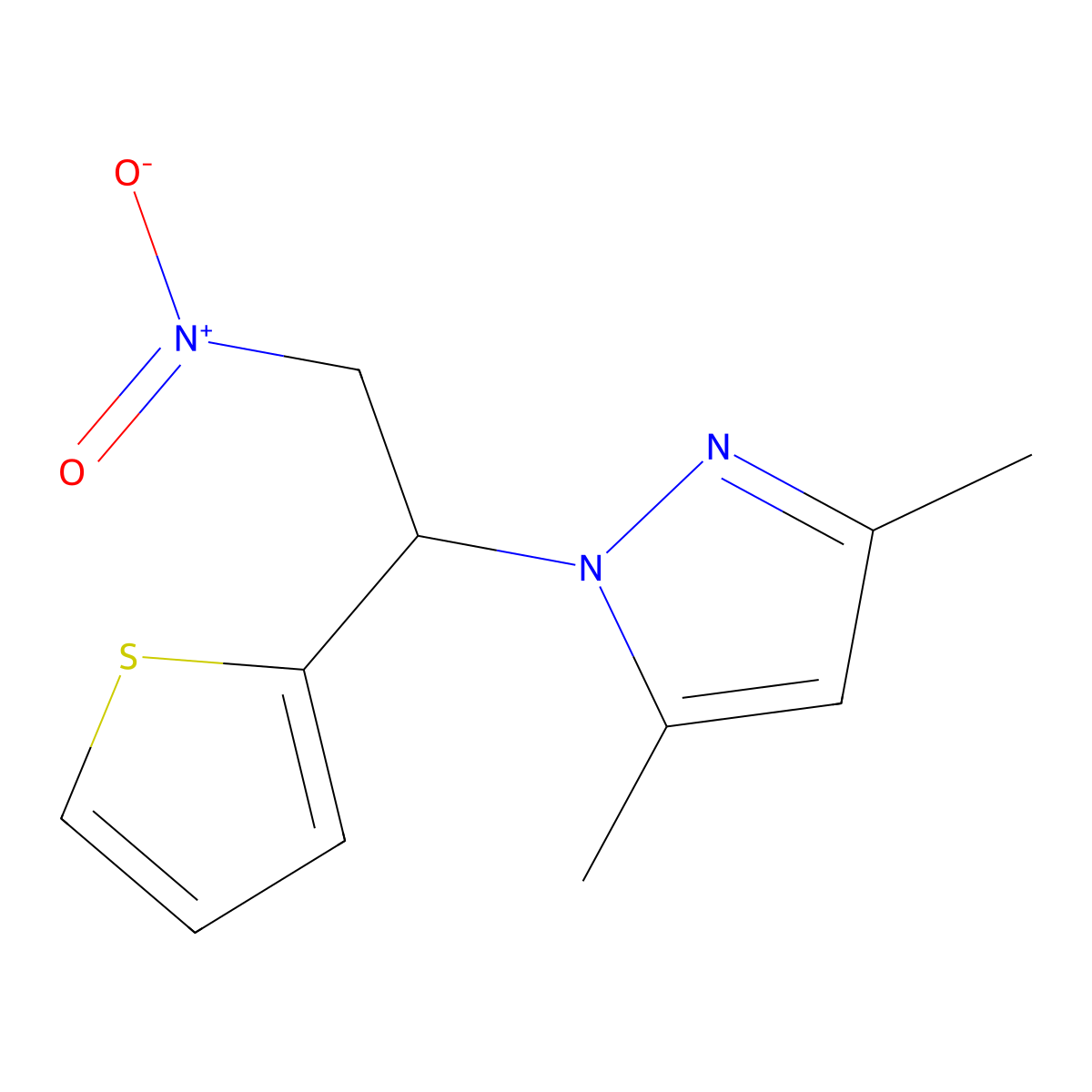 3,5-dimethyl-1-[2-nitro-1-(thiophen-2-yl)ethyl]-1H-pyrazole molecular structure, CAS 2549023-19-8