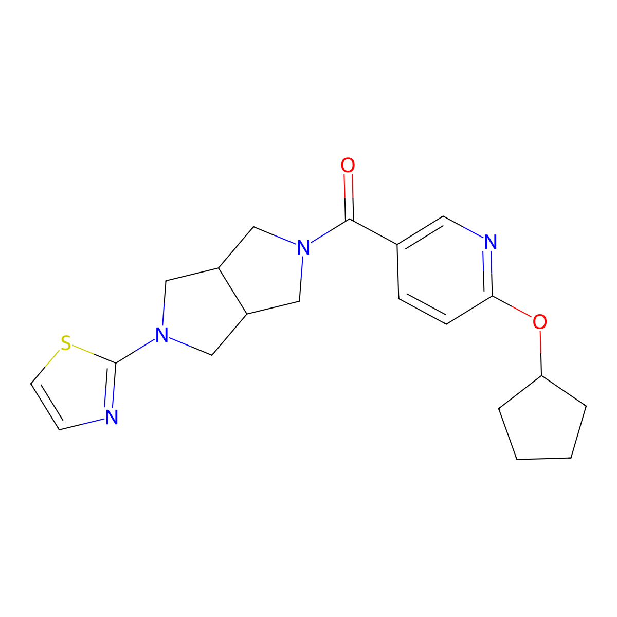2-(Cyclopentyloxy)-5-[5-(1,3-thiazol-2-yl)-octahydropyrrolo[3,4-c]pyrrole-2-carbonyl]pyridine molecular structure, CAS 2549023-21-2