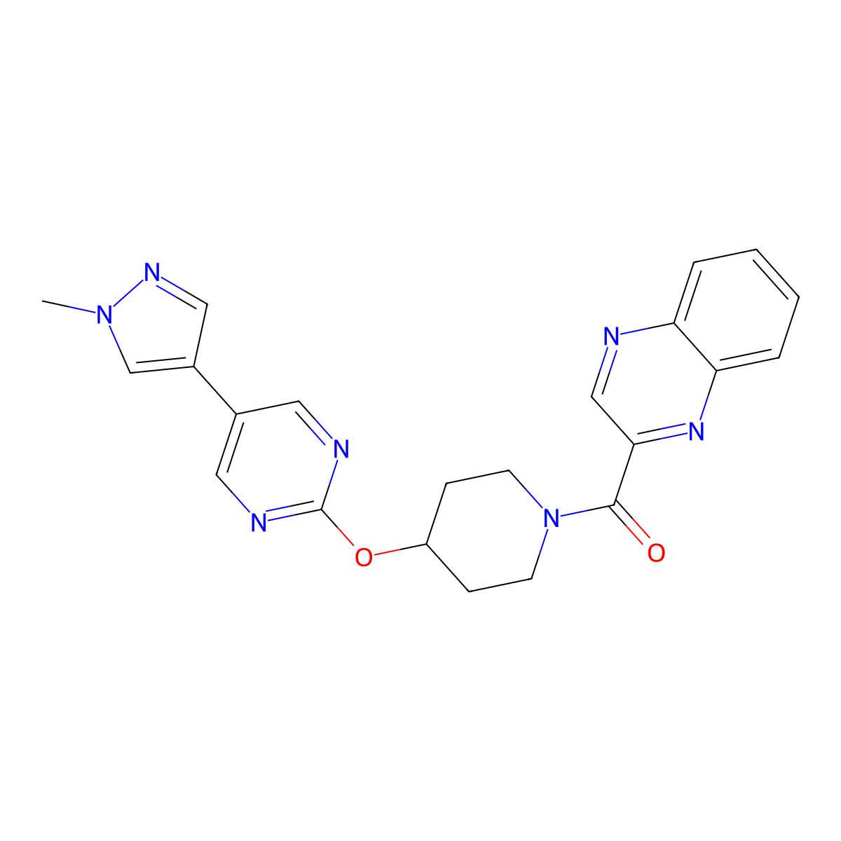 2-(4-{[5-(1-methyl-1H-pyrazol-4-yl)pyrimidin-2-yl]oxy}piperidine-1-carbonyl)quinoxaline molecular structure, CAS 2549023-22-3