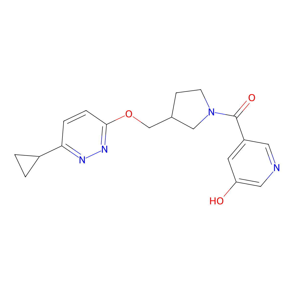 5-(3-{[(6-Cyclopropylpyridazin-3-yl)oxy]methyl}pyrrolidine-1-carbonyl)pyridin-3-ol molecular structure, CAS 2549023-23-4