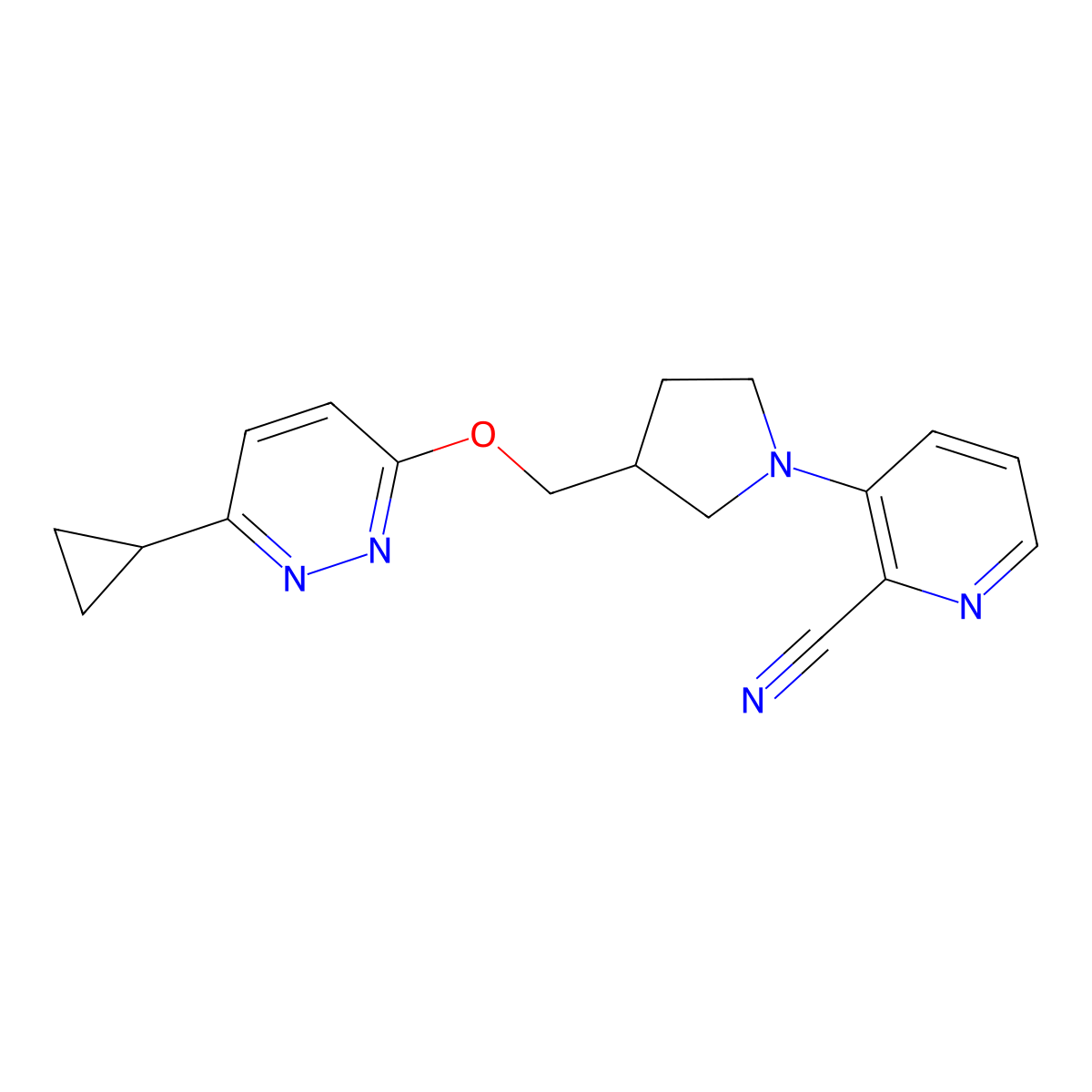 3-(3-{[(6-Cyclopropylpyridazin-3-yl)oxy]methyl}pyrrolidin-1-yl)pyridine-2-carbonitrile molecular structure, CAS 2549023-43-8