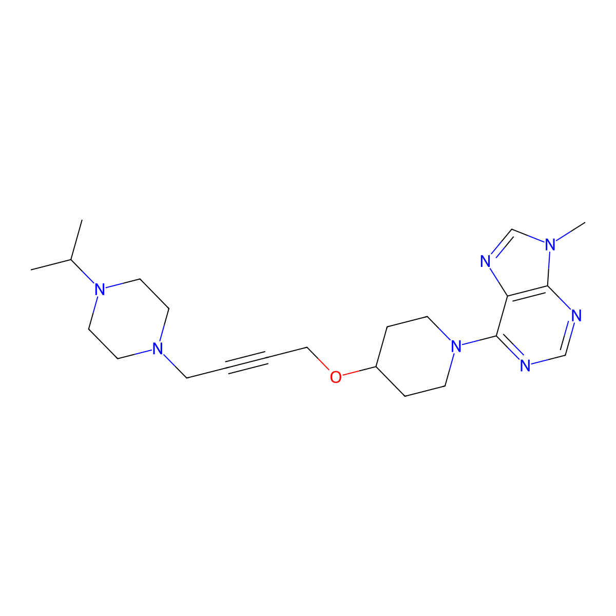 9-methyl-6-[4-({4-[4-(propan-2-yl)piperazin-1-yl]but-2-yn-1-yl}oxy)piperidin-1-yl]-9H-purine molecular structure, CAS 2549023-45-0