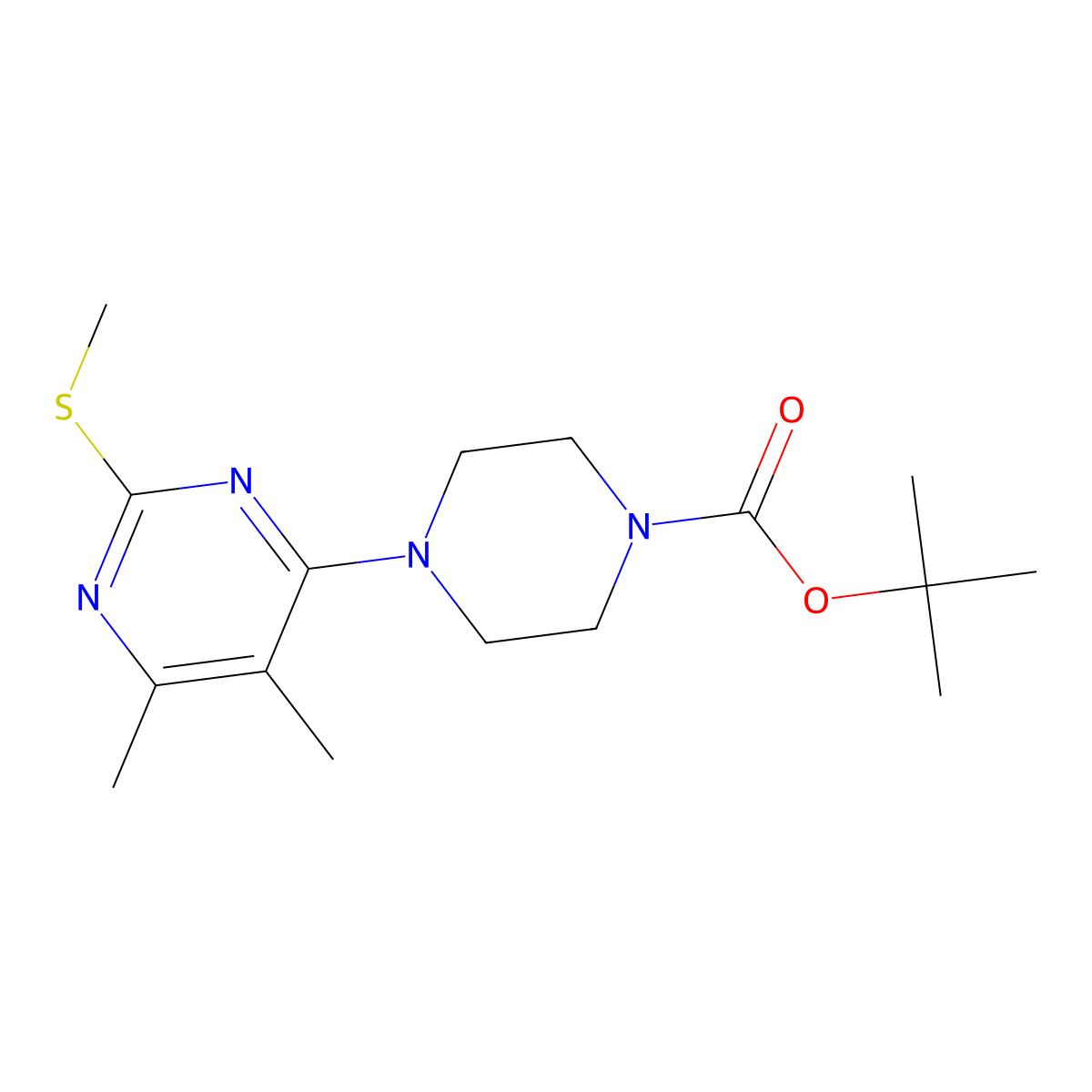 Tert-butyl 4-[5,6-dimethyl-2-(methylsulfanyl)pyrimidin-4-yl]piperazine-1-carboxylate molecular structure, CAS 2549023-53-0