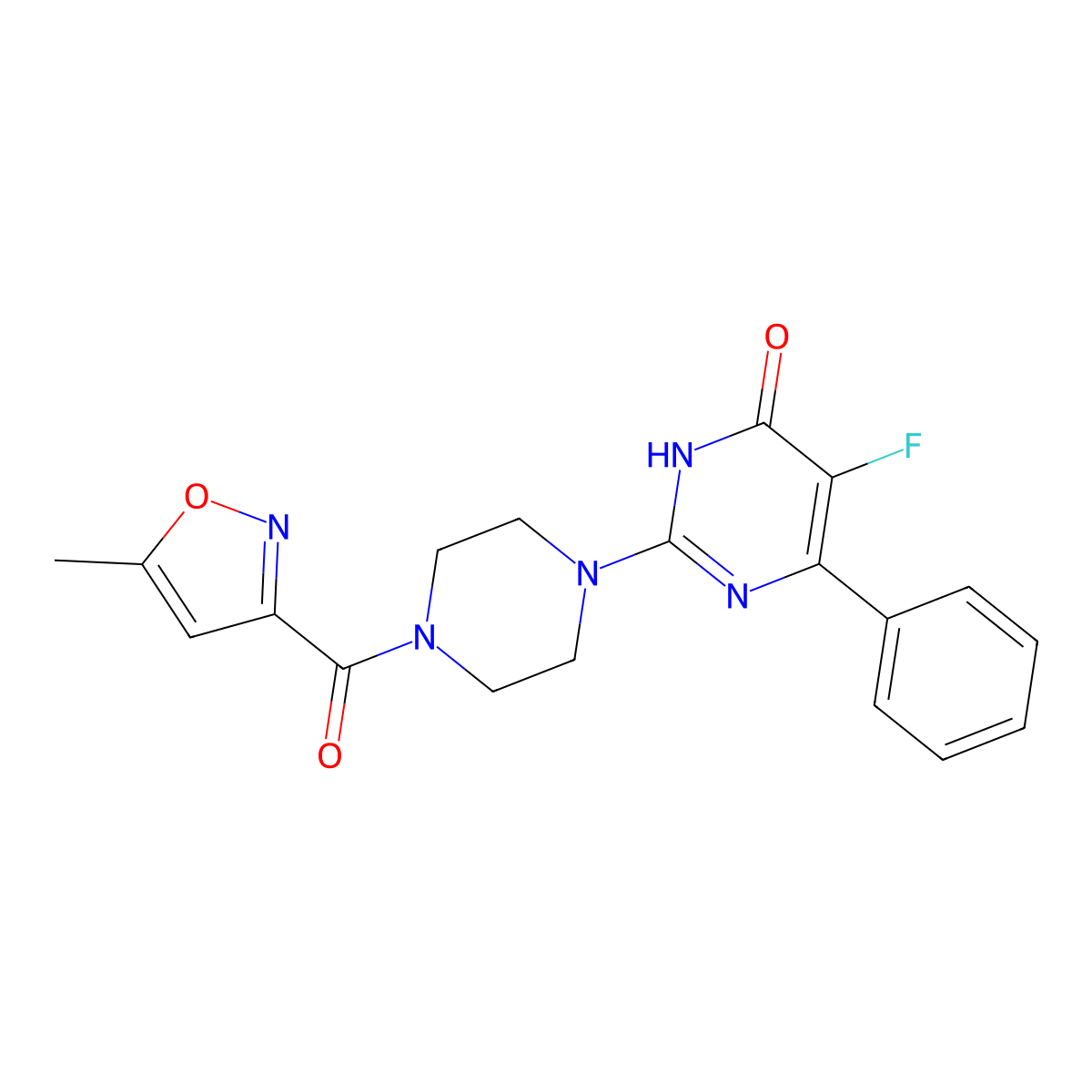 5-Fluoro-2-[4-(5-methyl-1,2-oxazole-3-carbonyl)piperazin-1-yl]-6-phenyl-3,4-dihydropyrimidin-4-one molecular structure, CAS 2549023-55-2