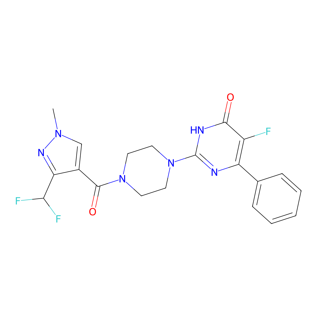 2-{4-[3-(difluoromethyl)-1-methyl-1H-pyrazole-4-carbonyl]piperazin-1-yl}-5-fluoro-6-phenyl-3,4-dihydropyrimidin-4-one molecular structure, CAS 2549023-67-6