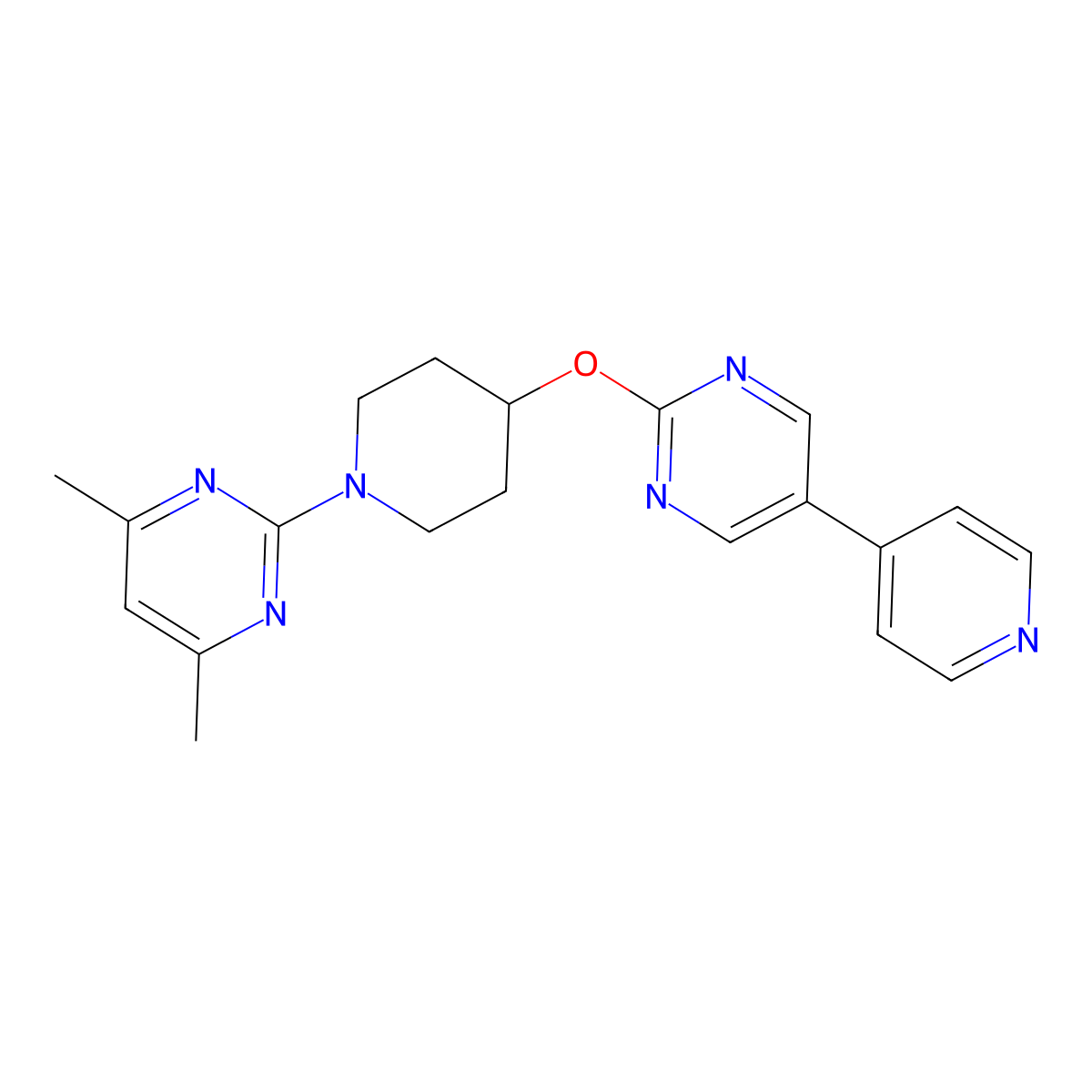 4,6-Dimethyl-2-(4-{[5-(pyridin-4-yl)pyrimidin-2-yl]oxy}piperidin-1-yl)pyrimidine molecular structure, CAS 2549023-68-7