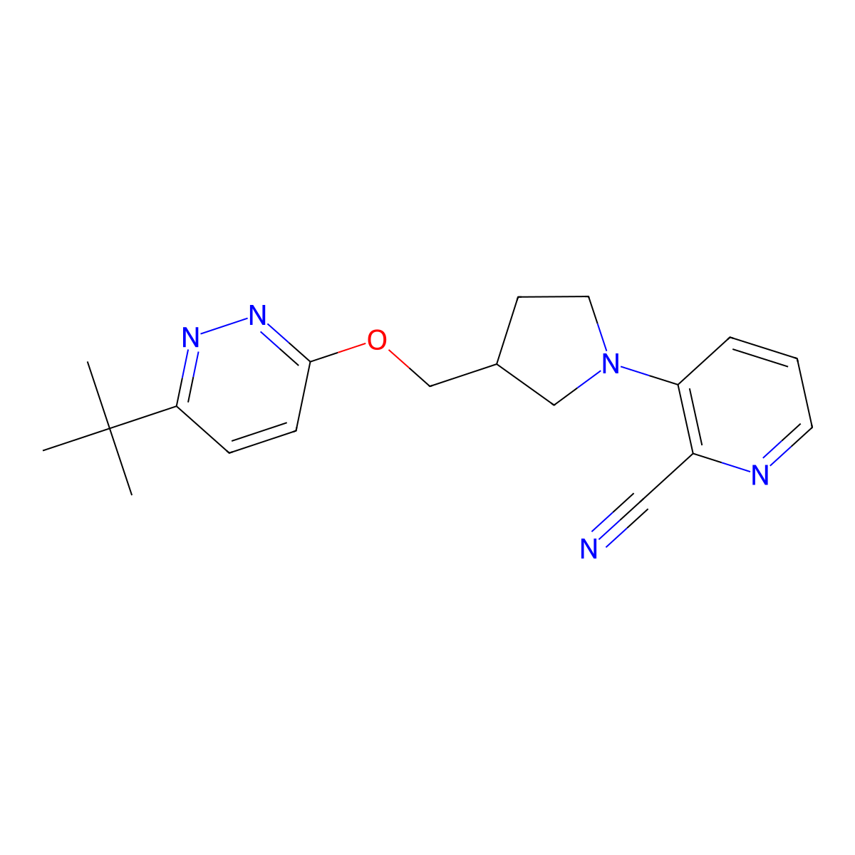 3-(3-{[(6-Tert-butylpyridazin-3-yl)oxy]methyl}pyrrolidin-1-yl)pyridine-2-carbonitrile molecular structure, CAS 2549023-70-1