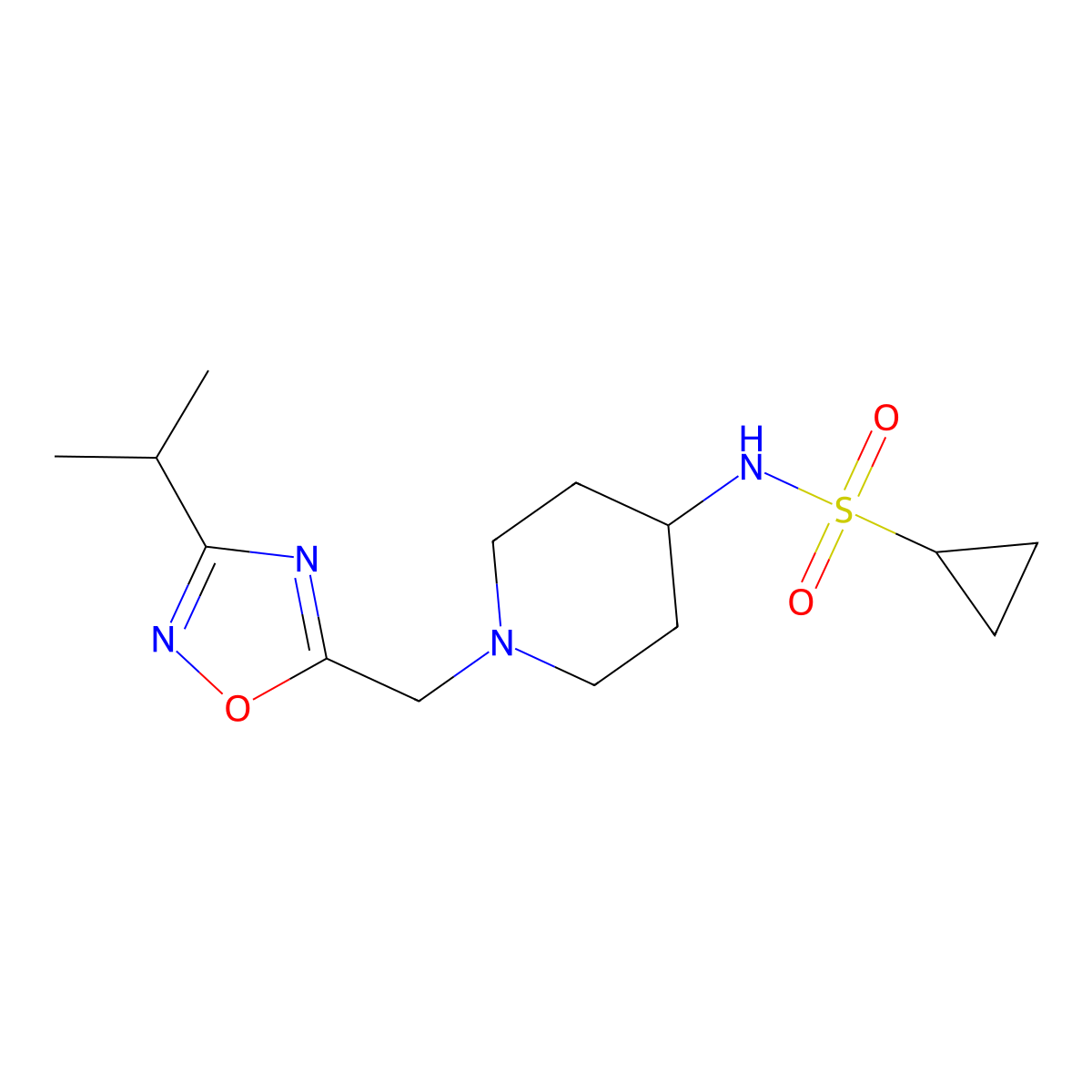 N-(1-{[3-(propan-2-yl)-1,2,4-oxadiazol-5-yl]methyl}piperidin-4-yl)cyclopropanesulfonamide molecular structure, CAS 2549023-74-5