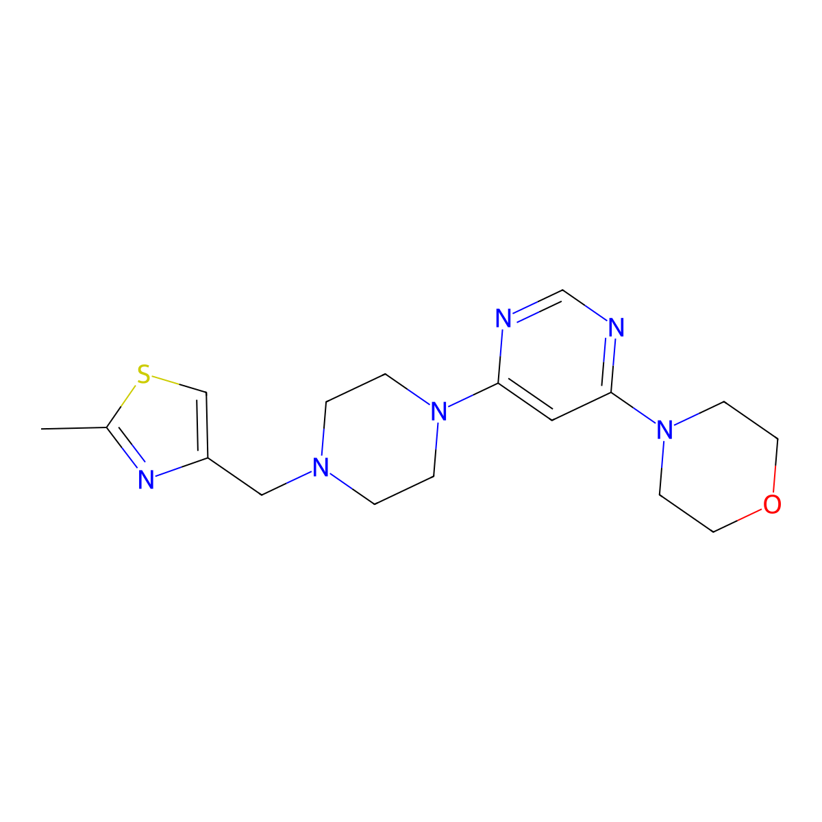 4-(6-{4-[(2-Methyl-1,3-thiazol-4-yl)methyl]piperazin-1-yl}pyrimidin-4-yl)morpholine molecular structure, CAS 2549023-77-8