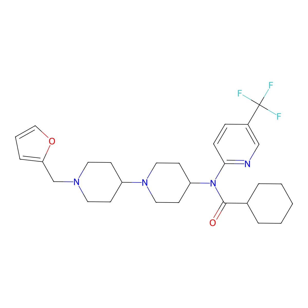 N-{1'-[(furan-2-yl)methyl]-[1,4'-bipiperidine]-4-yl}-N-[5-(trifluoromethyl)pyridin-2-yl]cyclohexanecarboxamide molecular structure, CAS 2549023-78-9