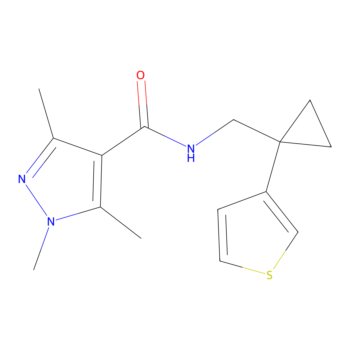 1,3,5-trimethyl-N-{[1-(thiophen-3-yl)cyclopropyl]methyl}-1H-pyrazole-4-carboxamide molecular structure, CAS 2549023-83-6