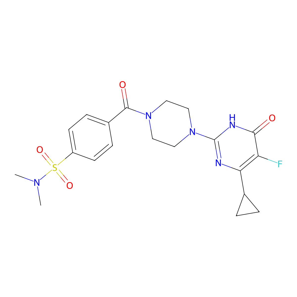 4-[4-(4-cyclopropyl-5-fluoro-6-oxo-1,6-dihydropyrimidin-2-yl)piperazine-1-carbonyl]-N,N-dimethylbenzene-1-sulfonamide molecular structure, CAS 2549023-84-7