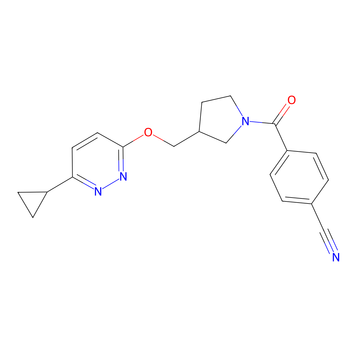4-(3-{[(6-Cyclopropylpyridazin-3-yl)oxy]methyl}pyrrolidine-1-carbonyl)benzonitrile molecular structure, CAS 2549023-85-8