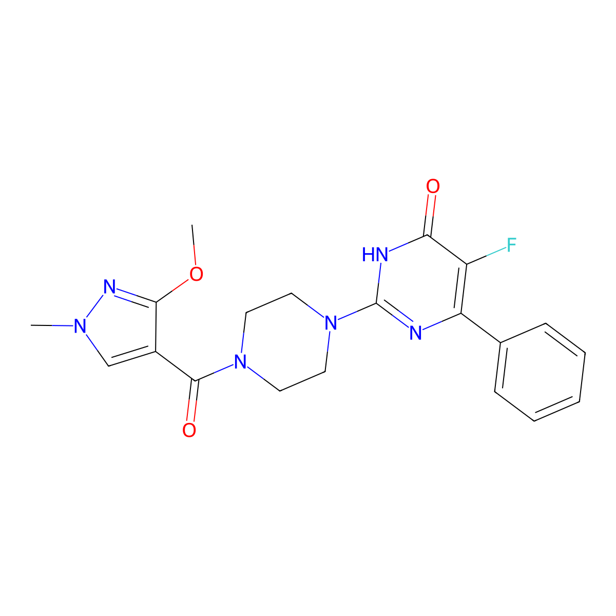 5-fluoro-2-[4-(3-methoxy-1-methyl-1H-pyrazole-4-carbonyl)piperazin-1-yl]-6-phenyl-3,4-dihydropyrimidin-4-one molecular structure, CAS 2549023-89-2