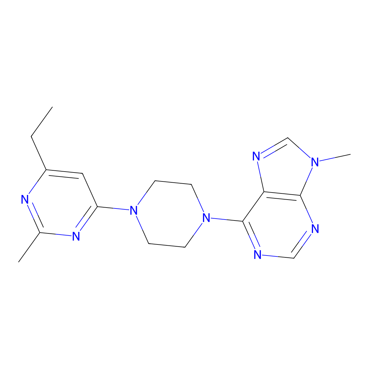 6-[4-(6-ethyl-2-methylpyrimidin-4-yl)piperazin-1-yl]-9-methyl-9H-purine molecular structure, CAS 2549023-90-5