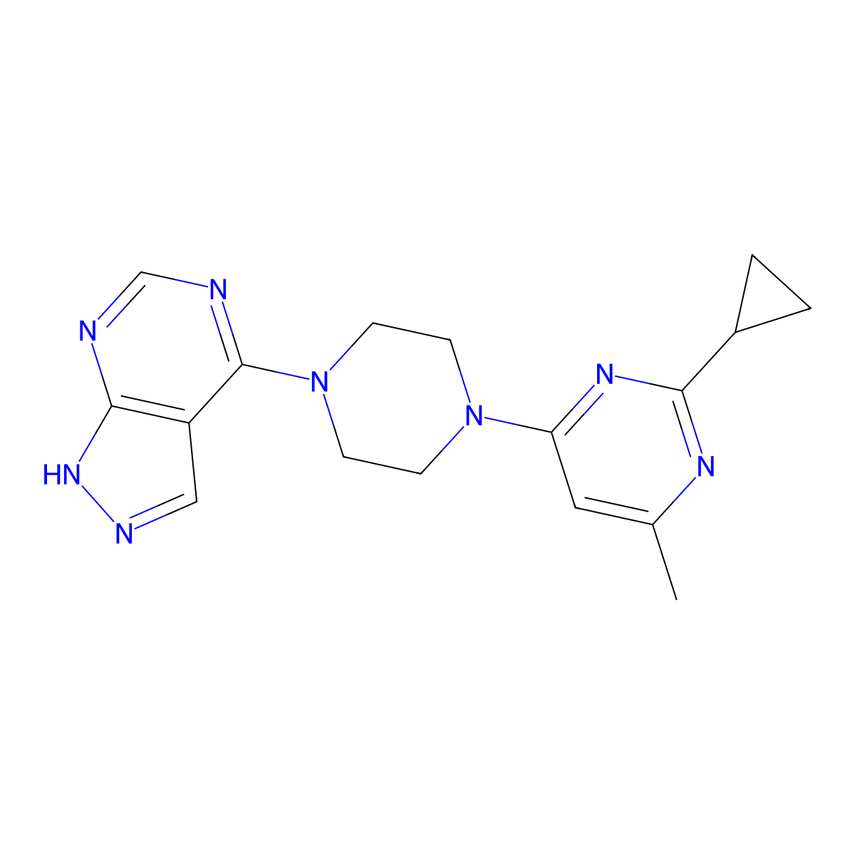 2-cyclopropyl-4-methyl-6-(4-{1H-pyrazolo[3,4-d]pyrimidin-4-yl}piperazin-1-yl)pyrimidine molecular structure, CAS 2549023-91-6