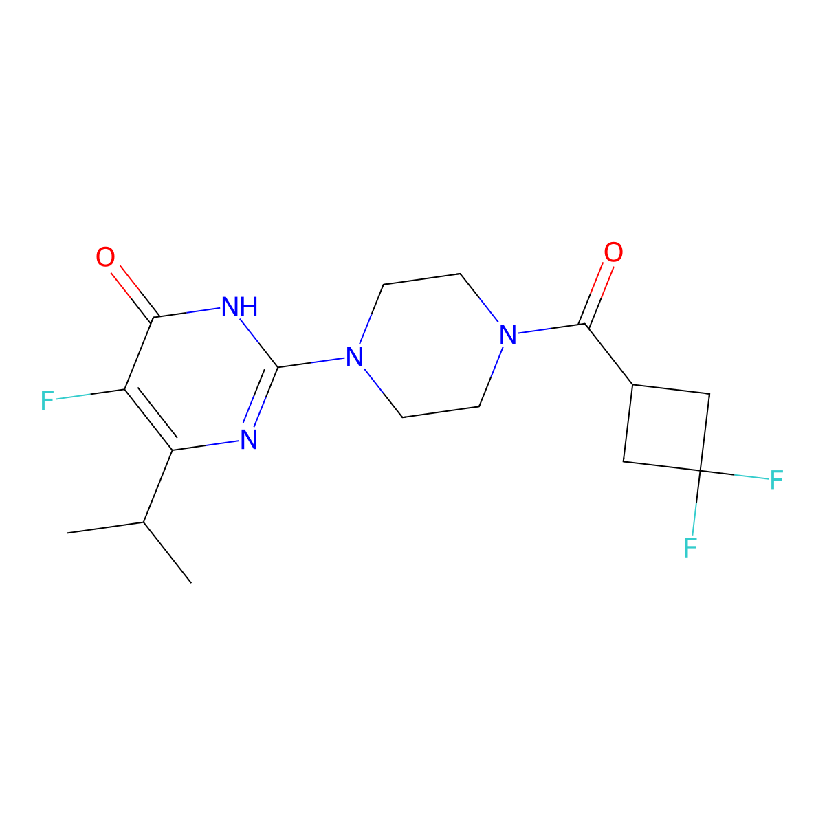 2-[4-(3,3-Difluorocyclobutanecarbonyl)piperazin-1-yl]-5-fluoro-6-(propan-2-yl)-3,4-dihydropyrimidin-4-one molecular structure, CAS 2549023-96-1