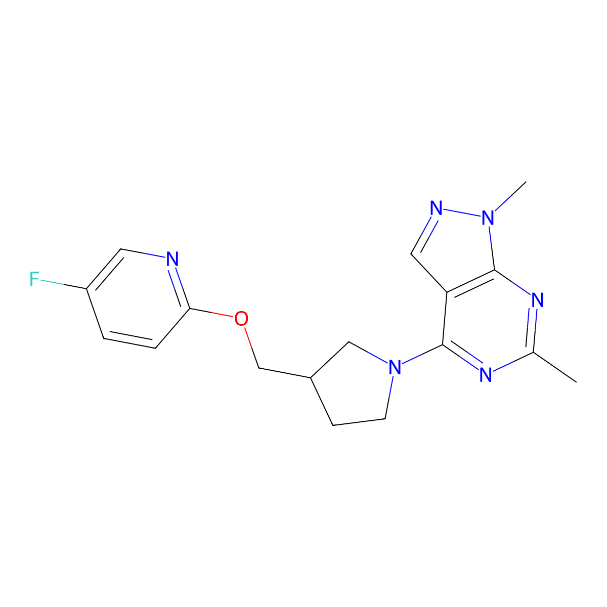 2-[(1-{1,6-dimethyl-1H-pyrazolo[3,4-d]pyrimidin-4-yl}pyrrolidin-3-yl)methoxy]-5-fluoropyridine molecular structure, CAS 2549024-01-1