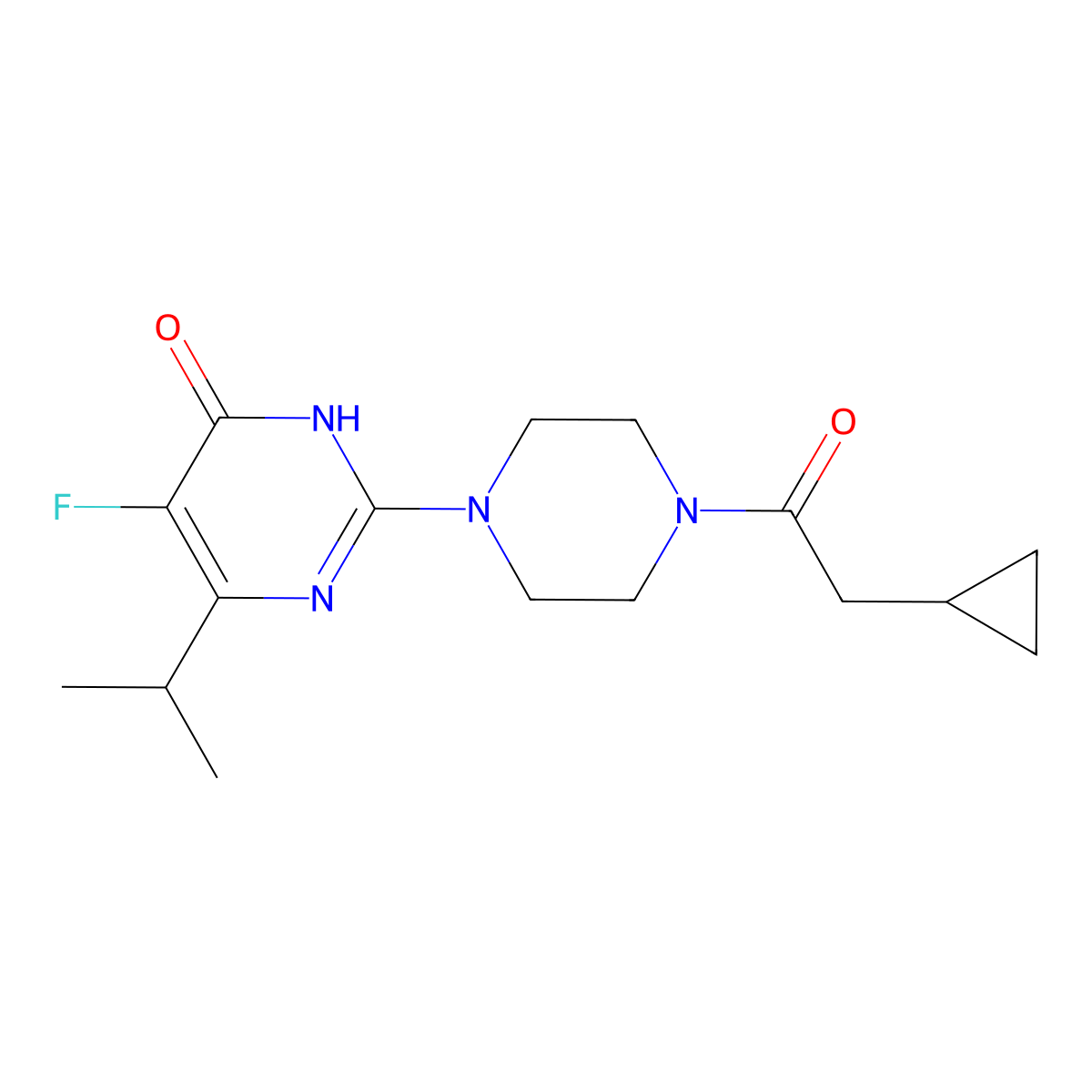 2-[4-(2-Cyclopropylacetyl)piperazin-1-yl]-5-fluoro-6-(propan-2-yl)-3,4-dihydropyrimidin-4-one molecular structure, CAS 2549024-02-2
