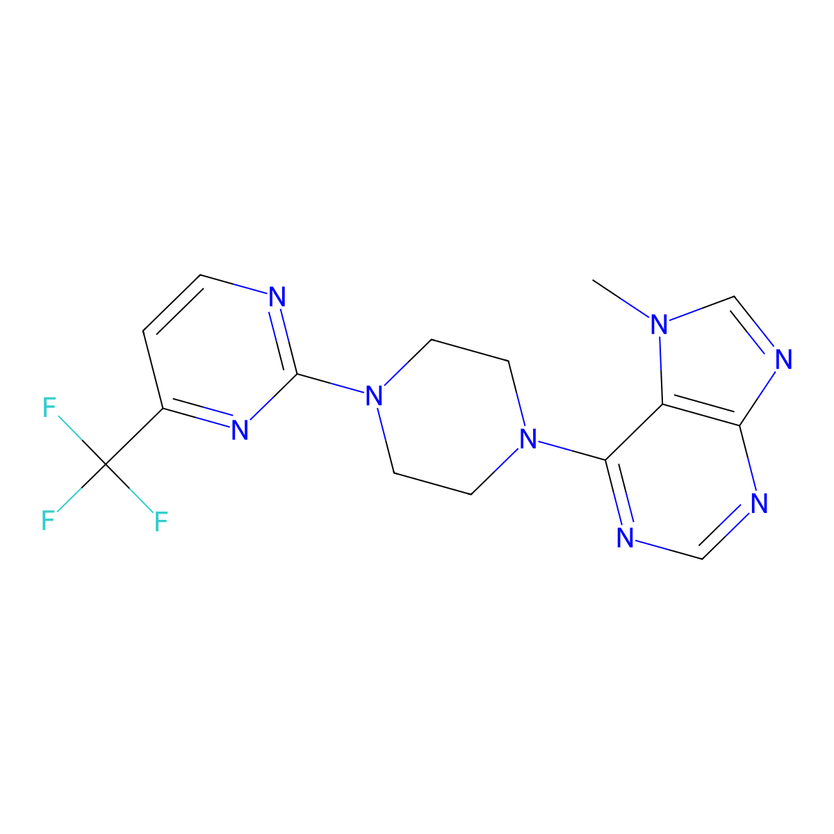 7-methyl-6-{4-[4-(trifluoromethyl)pyrimidin-2-yl]piperazin-1-yl}-7H-purine molecular structure, CAS 2549024-04-4
