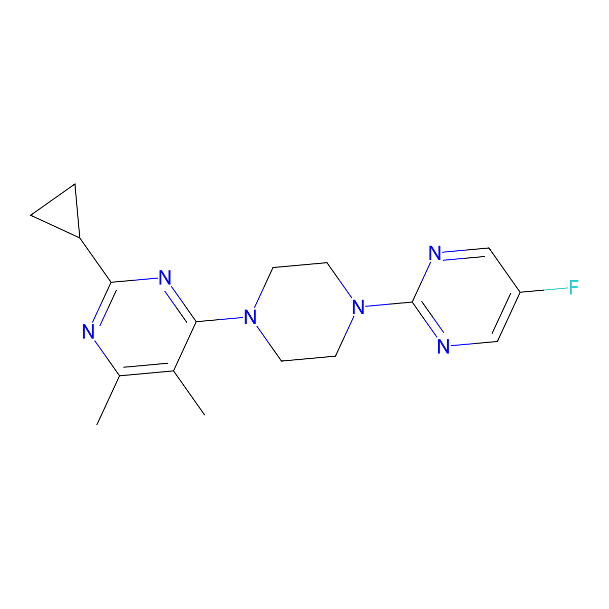 2-Cyclopropyl-4-[4-(5-fluoropyrimidin-2-yl)piperazin-1-yl]-5,6-dimethylpyrimidine molecular structure, CAS 2549024-06-6