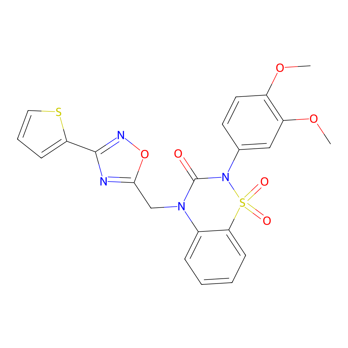 2-(3,4-dimethoxyphenyl)-4-{[3-(thiophen-2-yl)-1,2,4-oxadiazol-5-yl]methyl}-3,4-dihydro-2H-1lambda6,2,4-benzothiadiazine-1,1,3-trione molecular structure, CAS 2549024-12-4