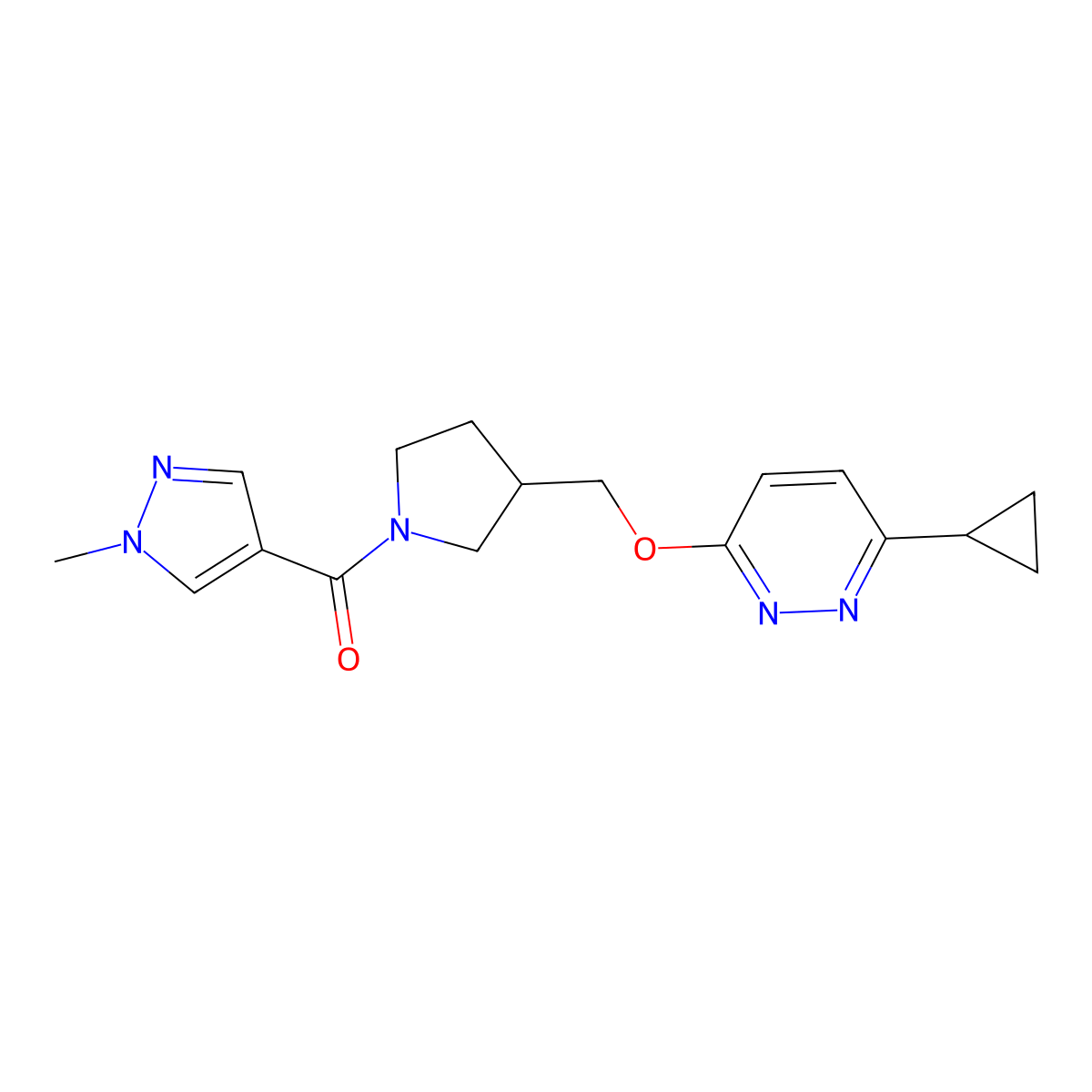 3-cyclopropyl-6-{[1-(1-methyl-1H-pyrazole-4-carbonyl)pyrrolidin-3-yl]methoxy}pyridazine molecular structure, CAS 2549024-27-1