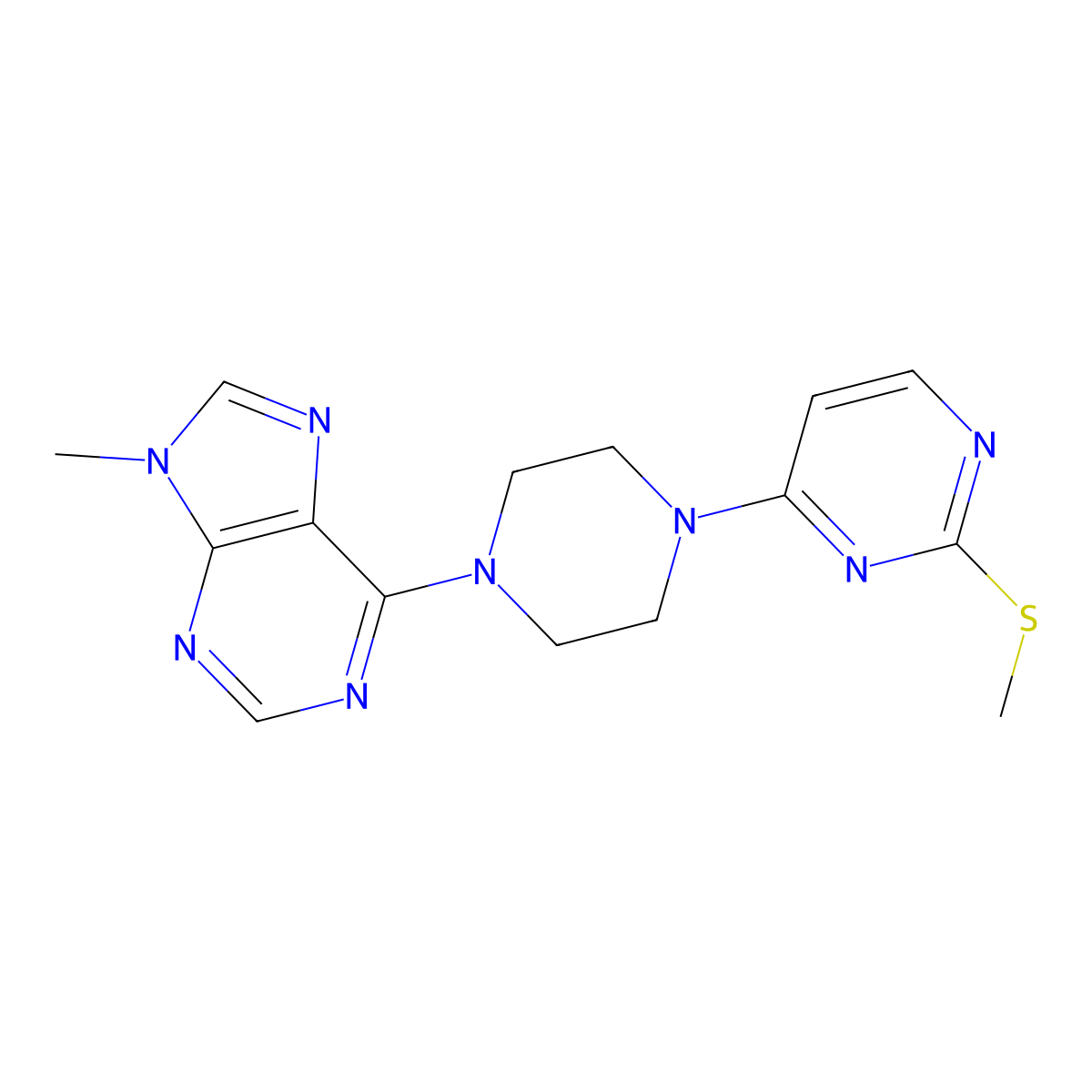 9-methyl-6-{4-[2-(methylsulfanyl)pyrimidin-4-yl]piperazin-1-yl}-9H-purine molecular structure, CAS 2549024-28-2