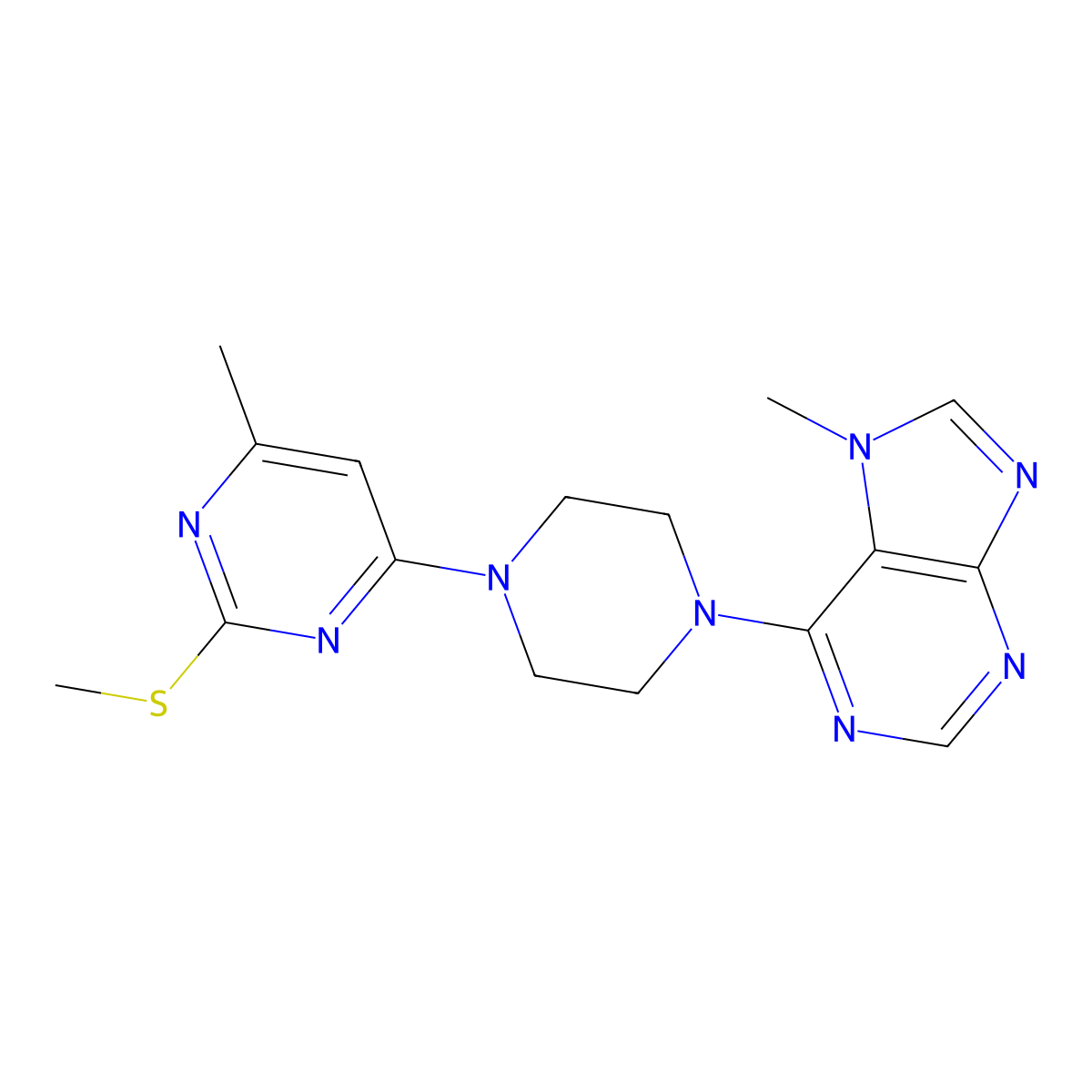 7-methyl-6-{4-[6-methyl-2-(methylsulfanyl)pyrimidin-4-yl]piperazin-1-yl}-7H-purine molecular structure, CAS 2549024-31-7