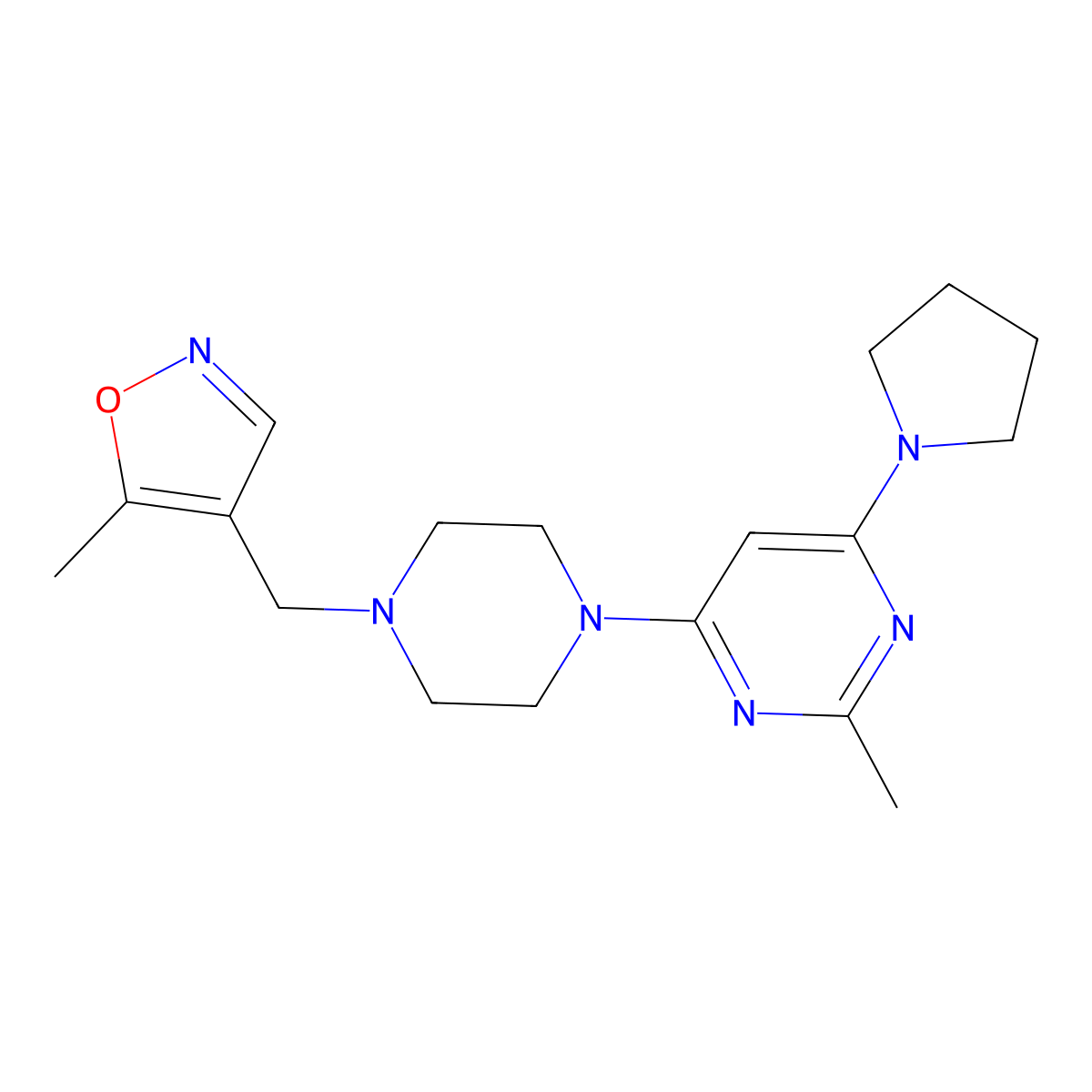 2-Methyl-4-{4-[(5-methyl-1,2-oxazol-4-yl)methyl]piperazin-1-yl}-6-(pyrrolidin-1-yl)pyrimidine molecular structure, CAS 2549024-34-0