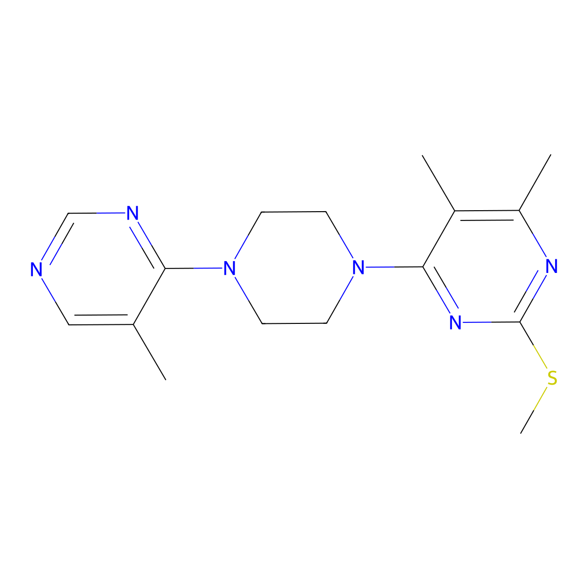 4,5-Dimethyl-6-[4-(5-methylpyrimidin-4-yl)piperazin-1-yl]-2-(methylsulfanyl)pyrimidine molecular structure, CAS 2549024-38-4