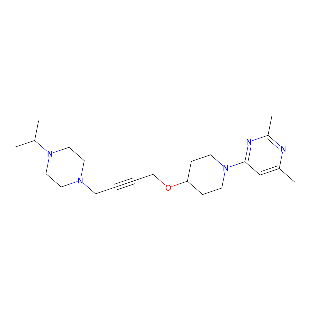 2,4-Dimethyl-6-[4-({4-[4-(propan-2-yl)piperazin-1-yl]but-2-yn-1-yl}oxy)piperidin-1-yl]pyrimidine molecular structure, CAS 2549024-43-1
