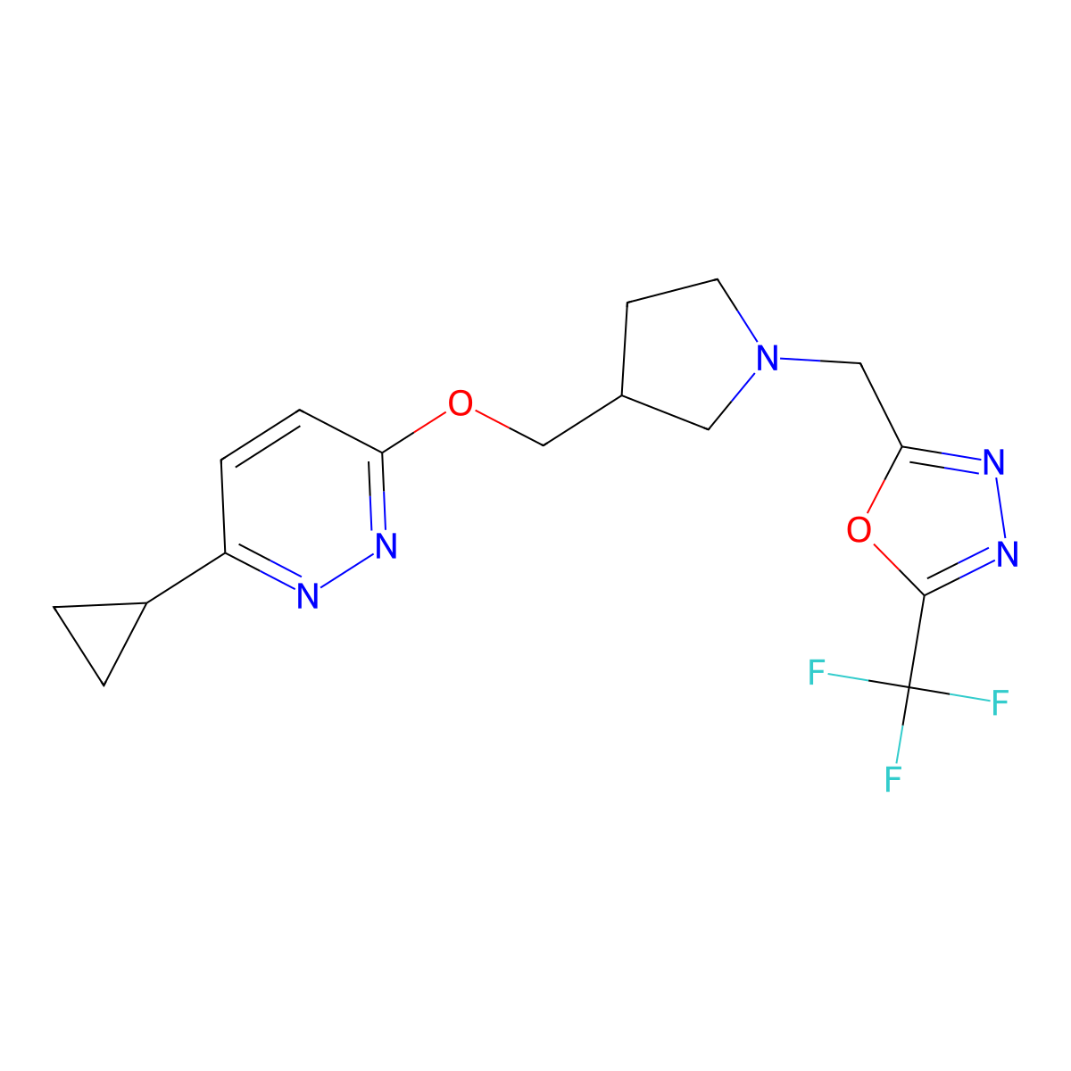 3-Cyclopropyl-6-[(1-{[5-(trifluoromethyl)-1,3,4-oxadiazol-2-yl]methyl}pyrrolidin-3-yl)methoxy]pyridazine molecular structure, CAS 2549024-47-5