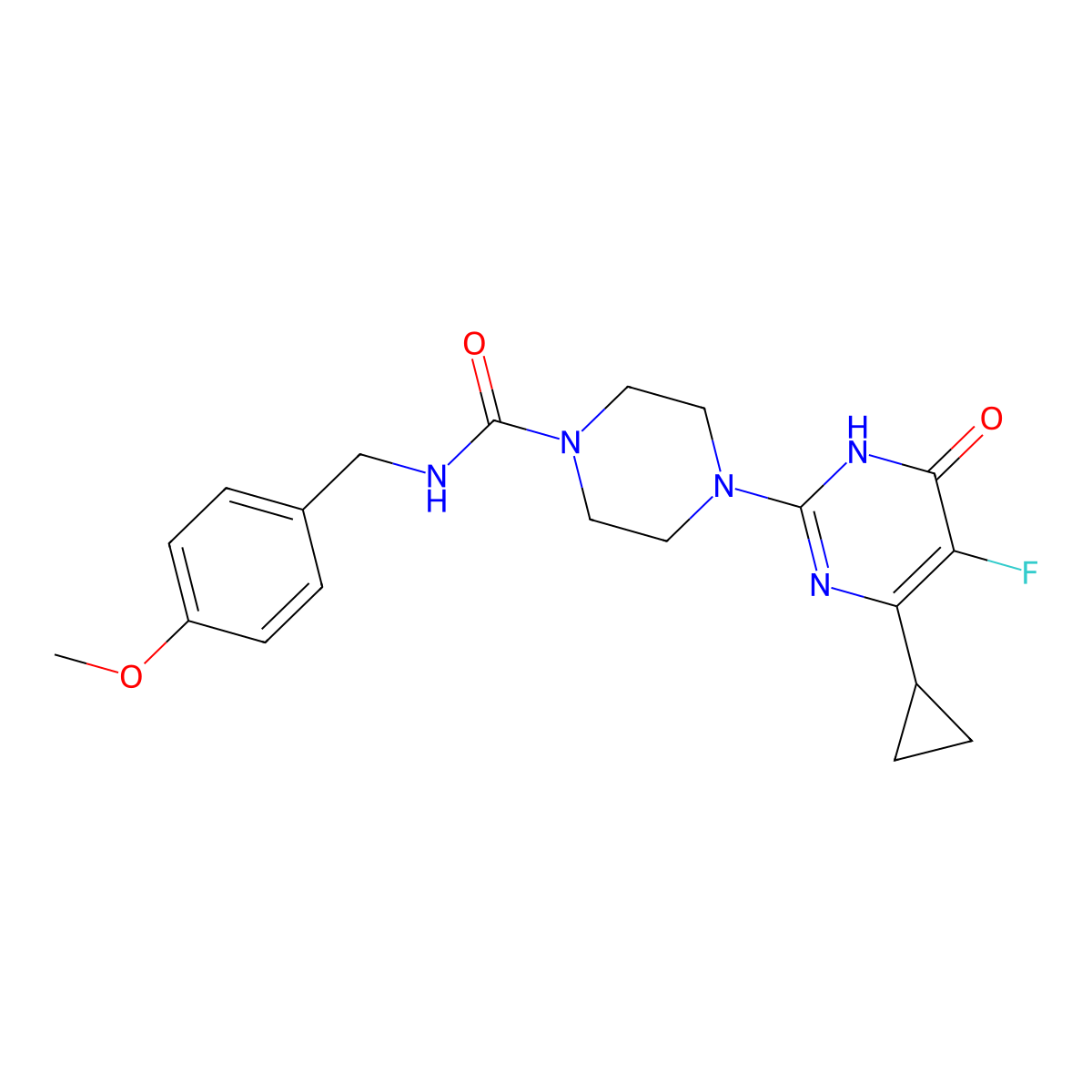 4-(4-cyclopropyl-5-fluoro-6-oxo-1,6-dihydropyrimidin-2-yl)-N-[(4-methoxyphenyl)methyl]piperazine-1-carboxamide molecular structure, CAS 2549024-48-6