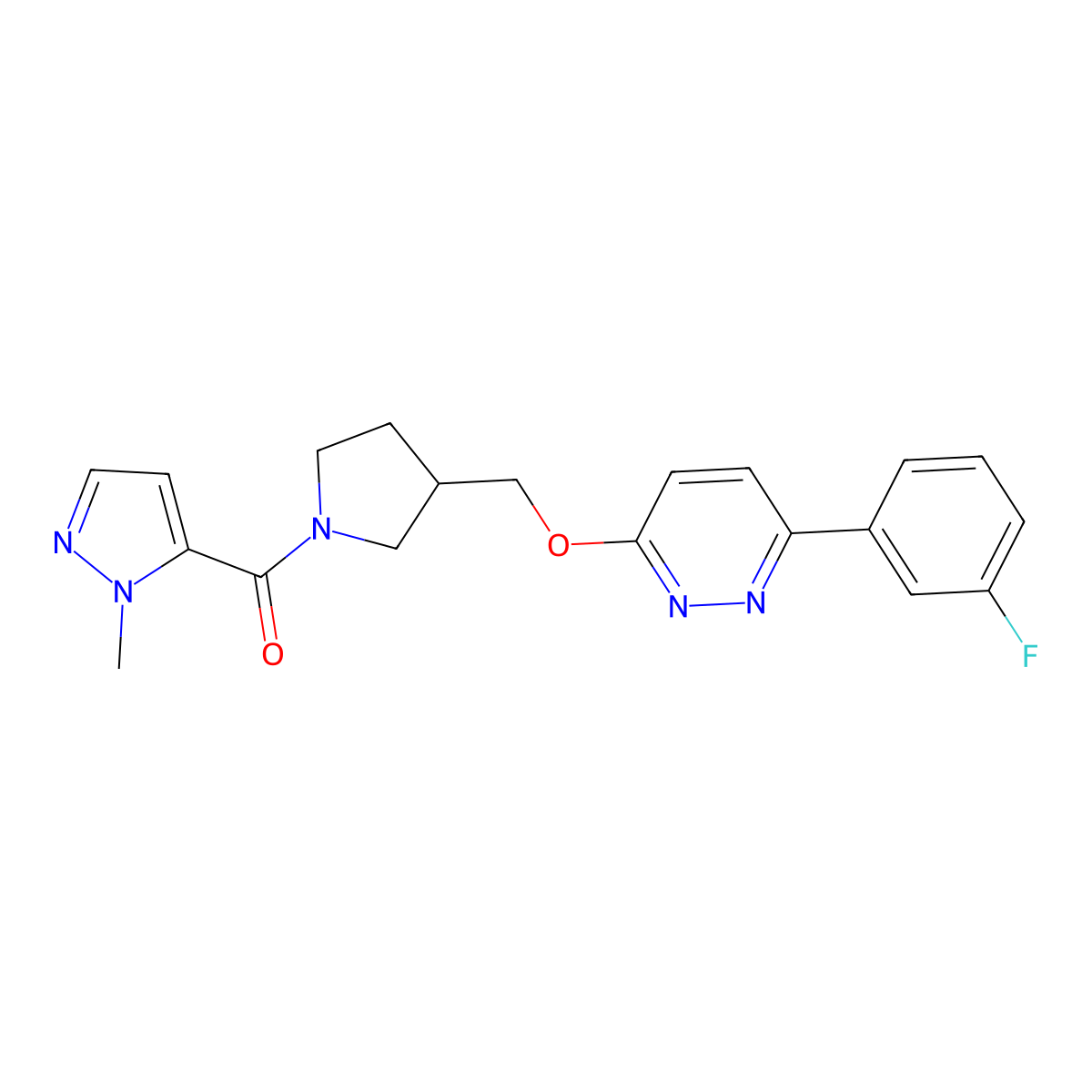 3-(3-fluorophenyl)-6-{[1-(1-methyl-1H-pyrazole-5-carbonyl)pyrrolidin-3-yl]methoxy}pyridazine molecular structure, CAS 2549024-61-3