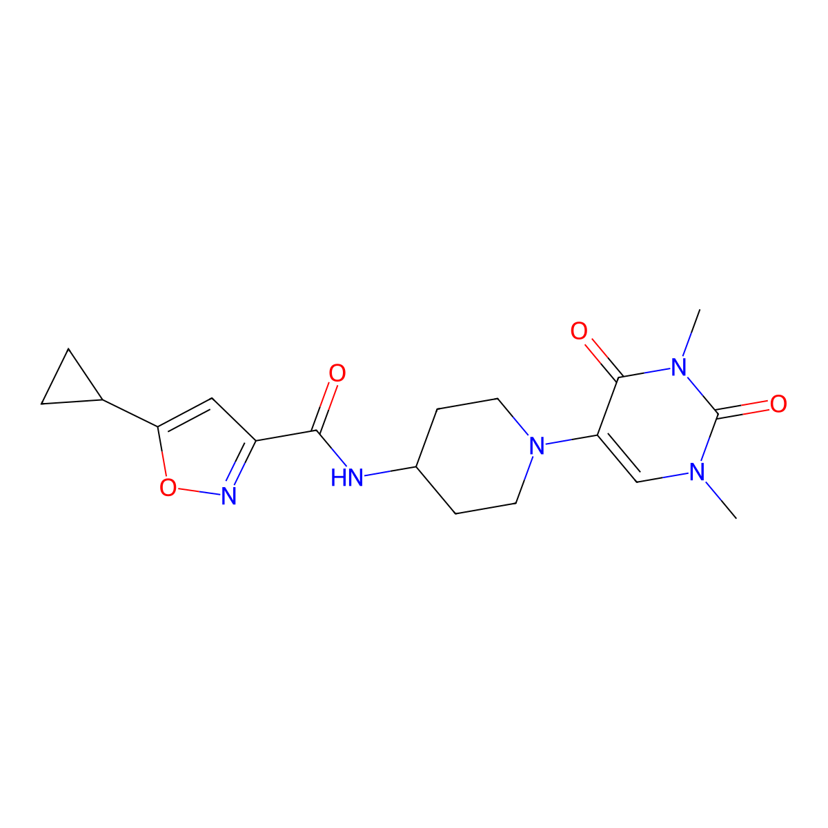 5-cyclopropyl-N-[1-(1,3-dimethyl-2,4-dioxo-1,2,3,4-tetrahydropyrimidin-5-yl)piperidin-4-yl]-1,2-oxazole-3-carboxamide molecular structure, CAS 2549024-87-3