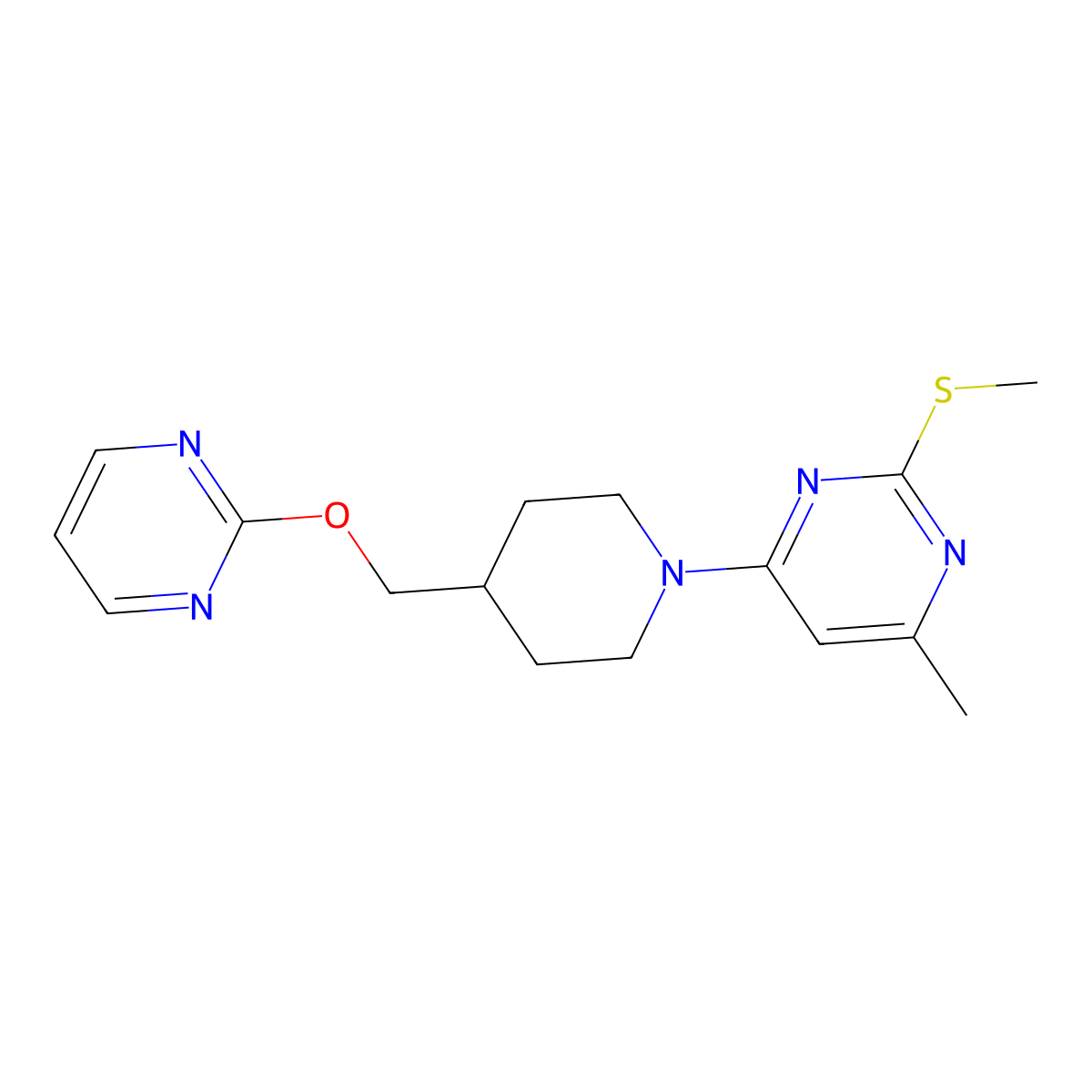 4-Methyl-2-(methylsulfanyl)-6-{4-[(pyrimidin-2-yloxy)methyl]piperidin-1-yl}pyrimidine molecular structure, CAS 2549024-89-5