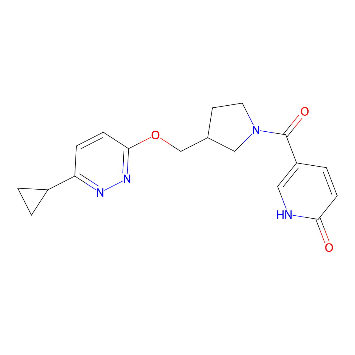 5-(3-{[(6-Cyclopropylpyridazin-3-yl)oxy]methyl}pyrrolidine-1-carbonyl)-1,2-dihydropyridin-2-one molecular structure, CAS 2549025-01-4