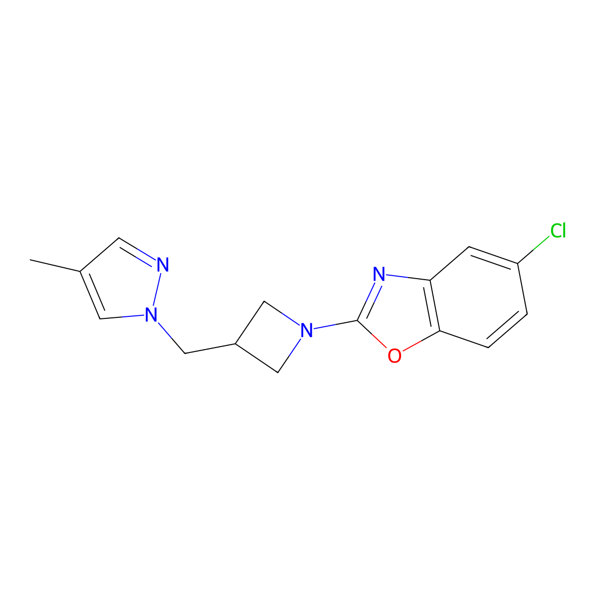 5-chloro-2-{3-[(4-methyl-1H-pyrazol-1-yl)methyl]azetidin-1-yl}-1,3-benzoxazole molecular structure, CAS 2549025-20-7