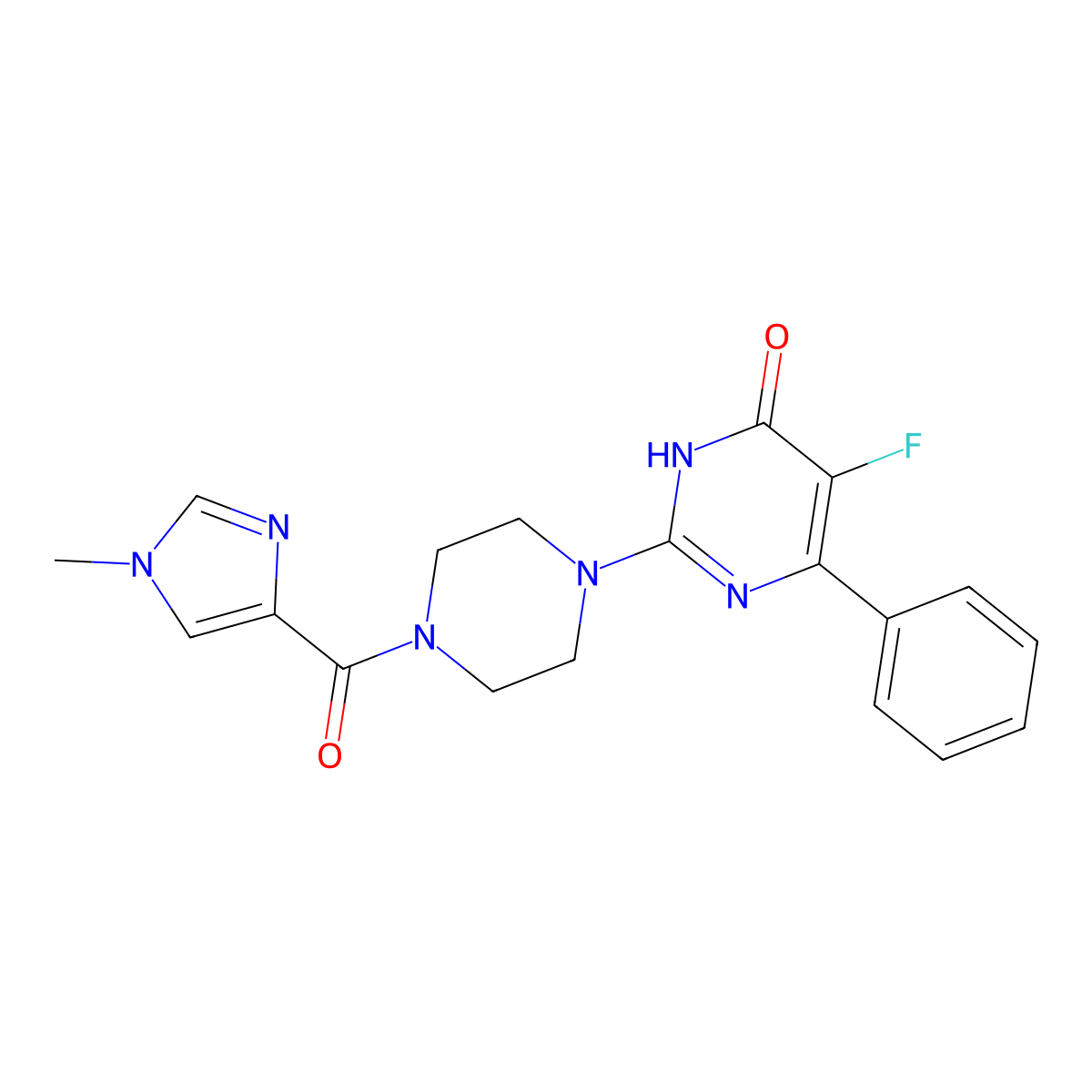5-fluoro-2-[4-(1-methyl-1H-imidazole-4-carbonyl)piperazin-1-yl]-6-phenyl-3,4-dihydropyrimidin-4-one molecular structure, CAS 2549025-21-8