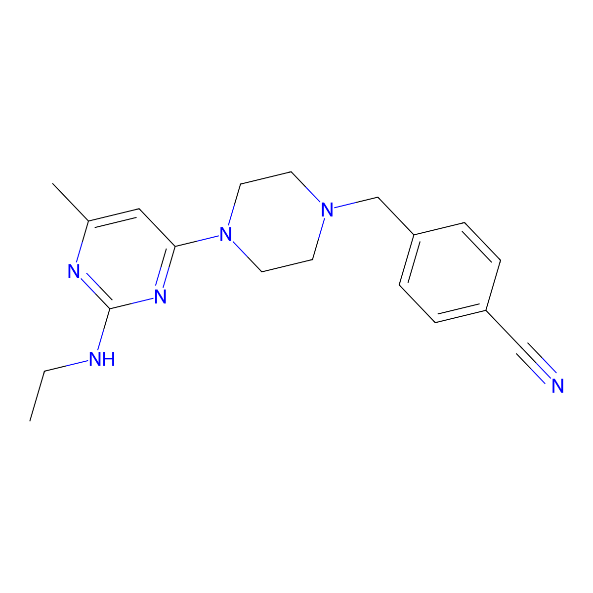 4-({4-[2-(Ethylamino)-6-methylpyrimidin-4-yl]piperazin-1-yl}methyl)benzonitrile molecular structure, CAS 2549025-30-9