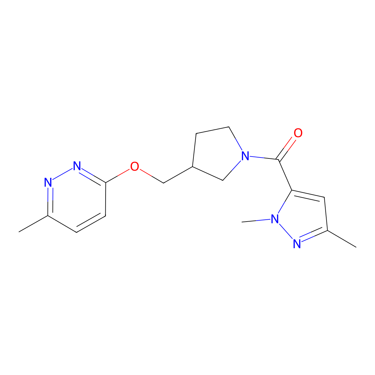 3-{[1-(1,3-dimethyl-1H-pyrazole-5-carbonyl)pyrrolidin-3-yl]methoxy}-6-methylpyridazine molecular structure, CAS 2549025-35-4