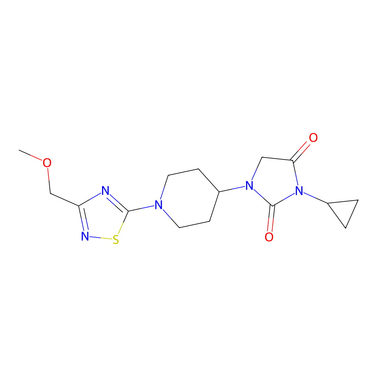 3-Cyclopropyl-1-{1-[3-(methoxymethyl)-1,2,4-thiadiazol-5-yl]piperidin-4-yl}imidazolidine-2,4-dione molecular structure, CAS 2549025-40-1