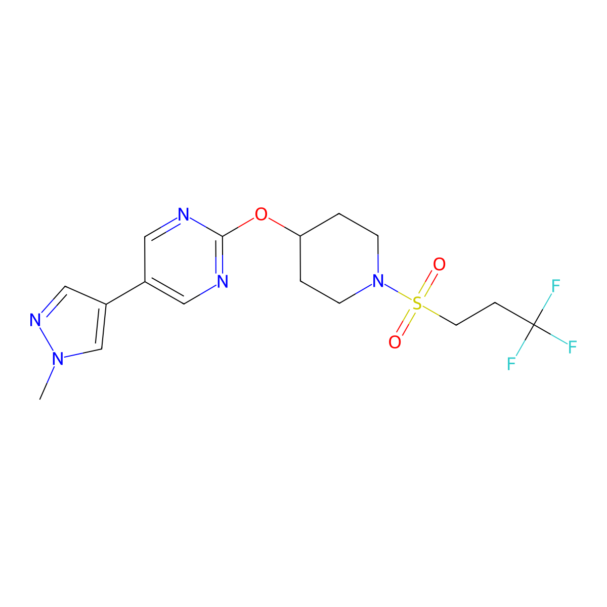 5-(1-methyl-1H-pyrazol-4-yl)-2-{[1-(3,3,3-trifluoropropanesulfonyl)piperidin-4-yl]oxy}pyrimidine molecular structure, CAS 2549025-43-4