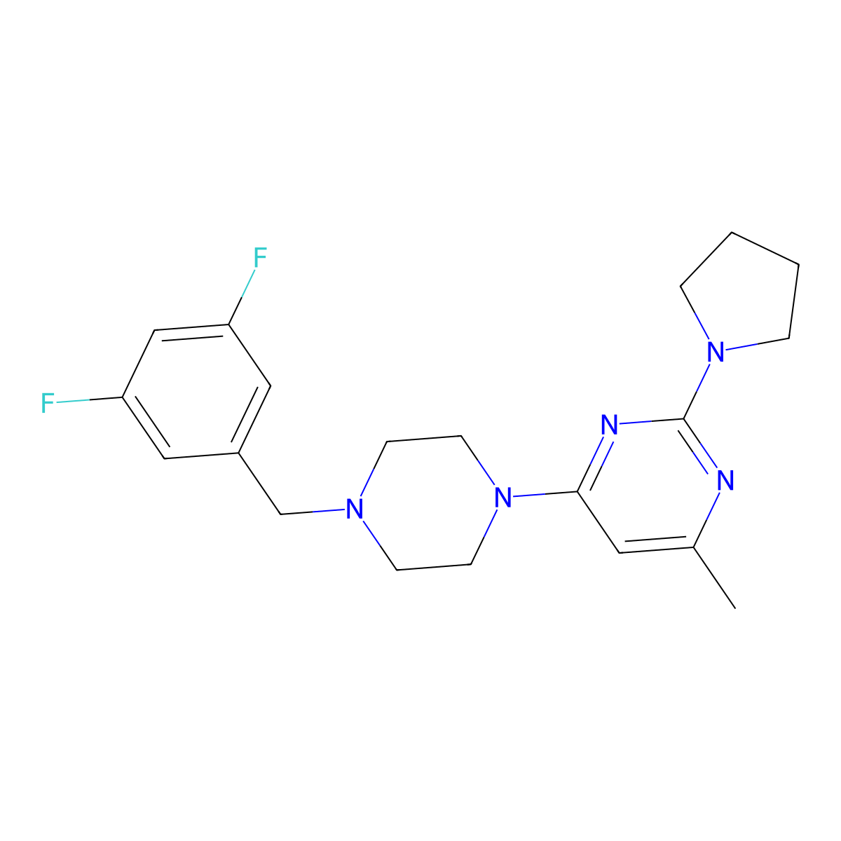 4-{4-[(3,5-Difluorophenyl)methyl]piperazin-1-yl}-6-methyl-2-(pyrrolidin-1-yl)pyrimidine molecular structure, CAS 2549025-46-7